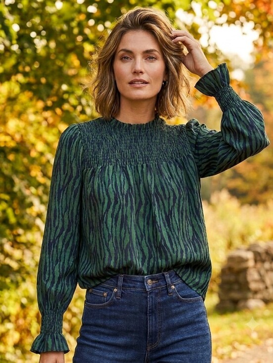 THML Tops - THML Green Zebra Print Smocked Yoke Long-Sleeve Blouse